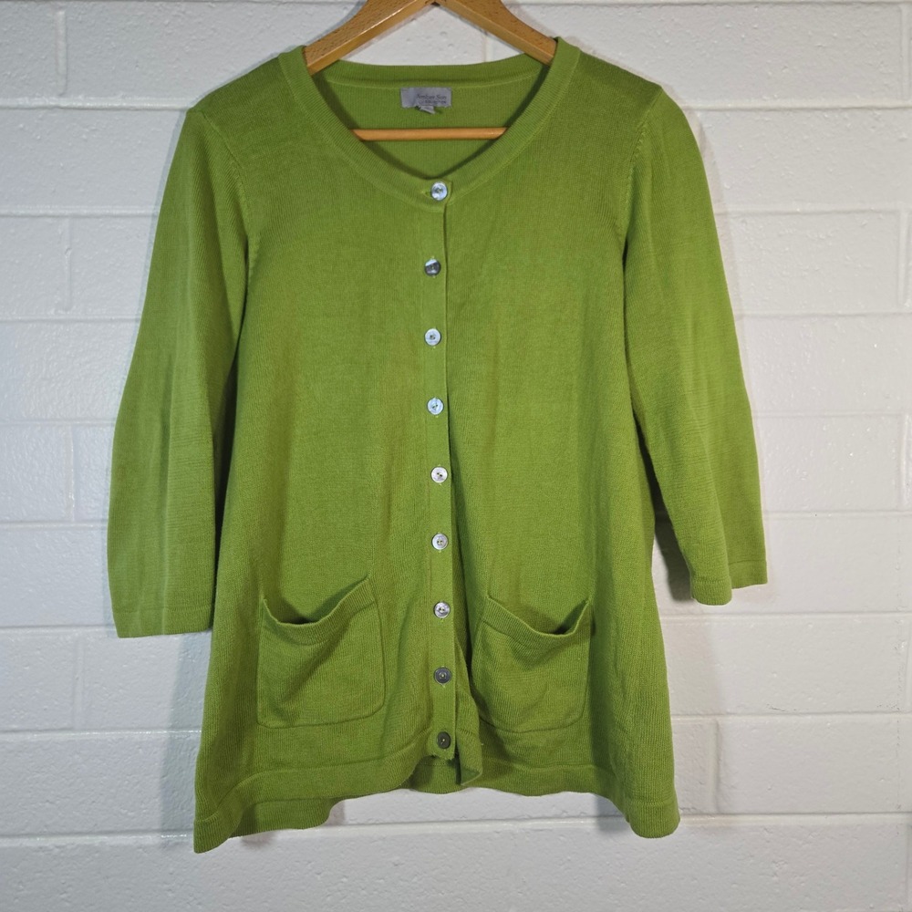 Amber Sun Cardigan Medium Green Cotton 3/4 Sleeve Button Long Brat‎ Twee Artsy